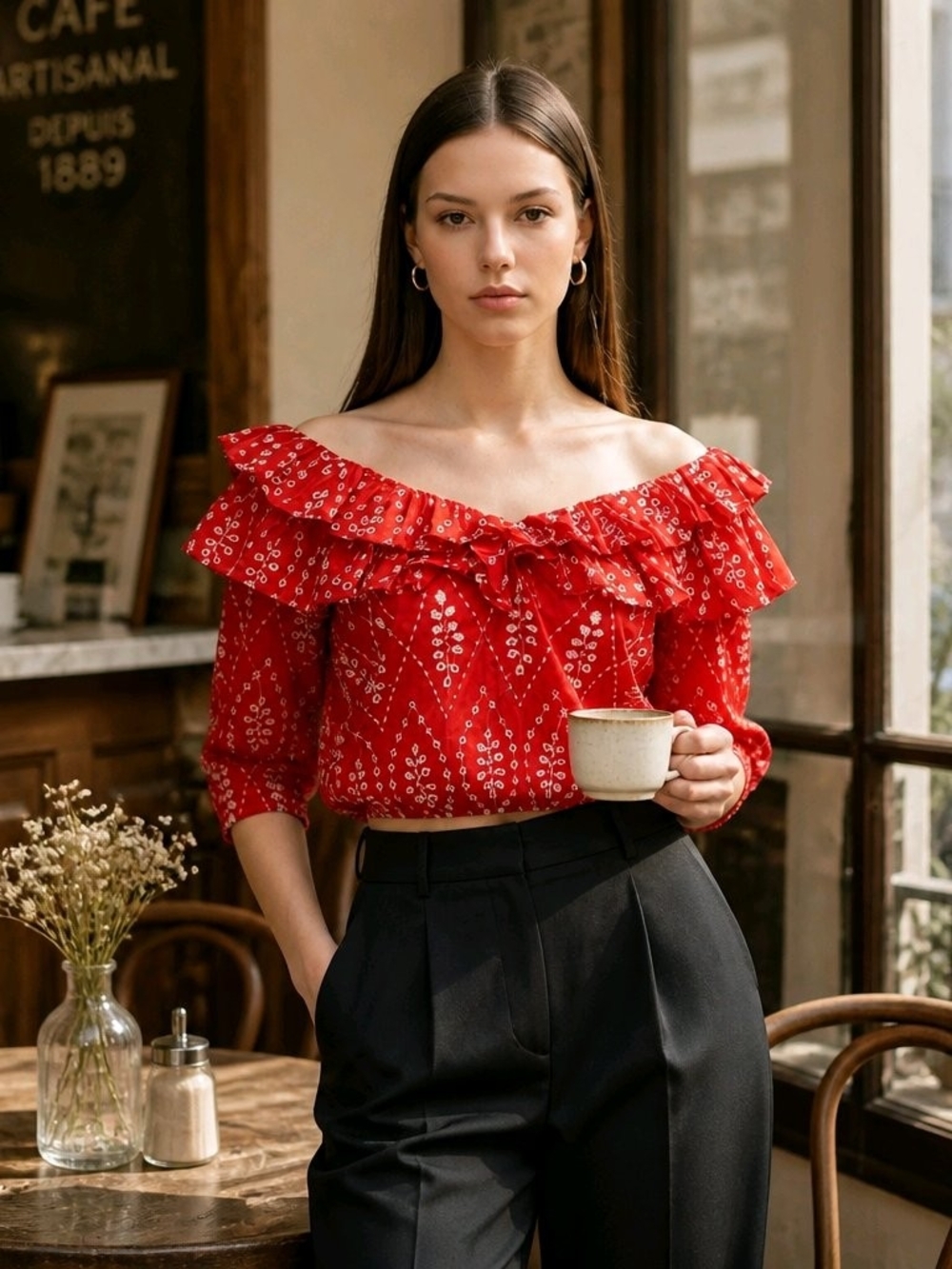 ZARA Red Openwork Embroidered Ruffle Crop Top Blouse Boho V-Neck